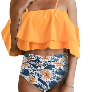 Women Two Piece Off Shoulder Ruffled Flounce Crop